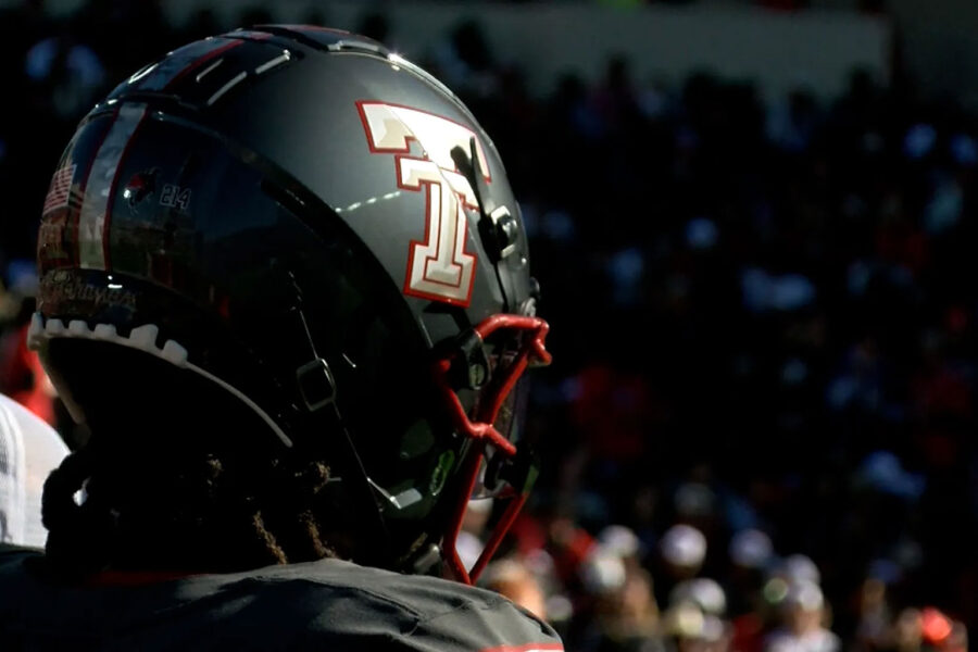 Close-up of a Texas Tech football helmet with the “Double T” logo